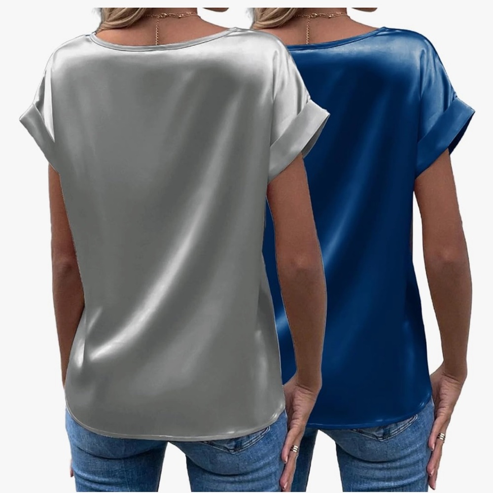 Beyove Blue & Gray Satin Tops - Picture 10 of 10